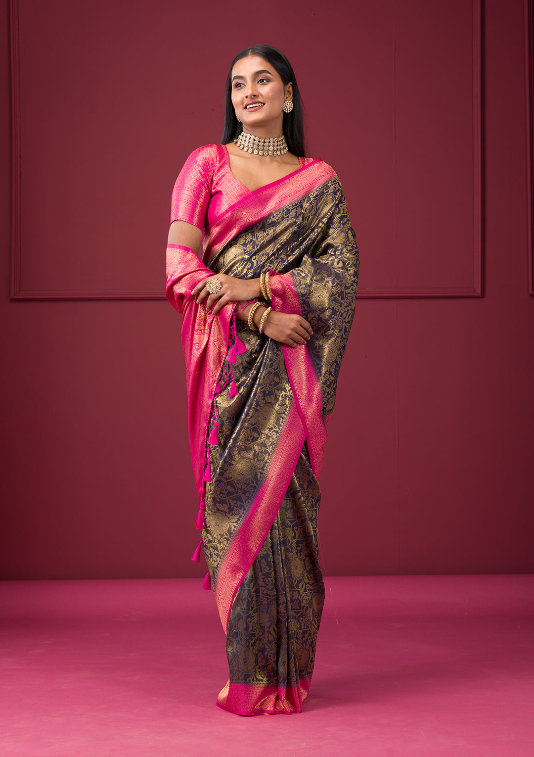 Navy Blue Zariwork Soft Silk Saree